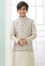 Load image into Gallery viewer, Beige Art Silk Kids Kurta Pajama With Jacket
