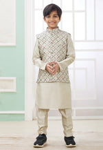Load image into Gallery viewer, Beige Art Silk Kids Kurta Pajama With Jacket
