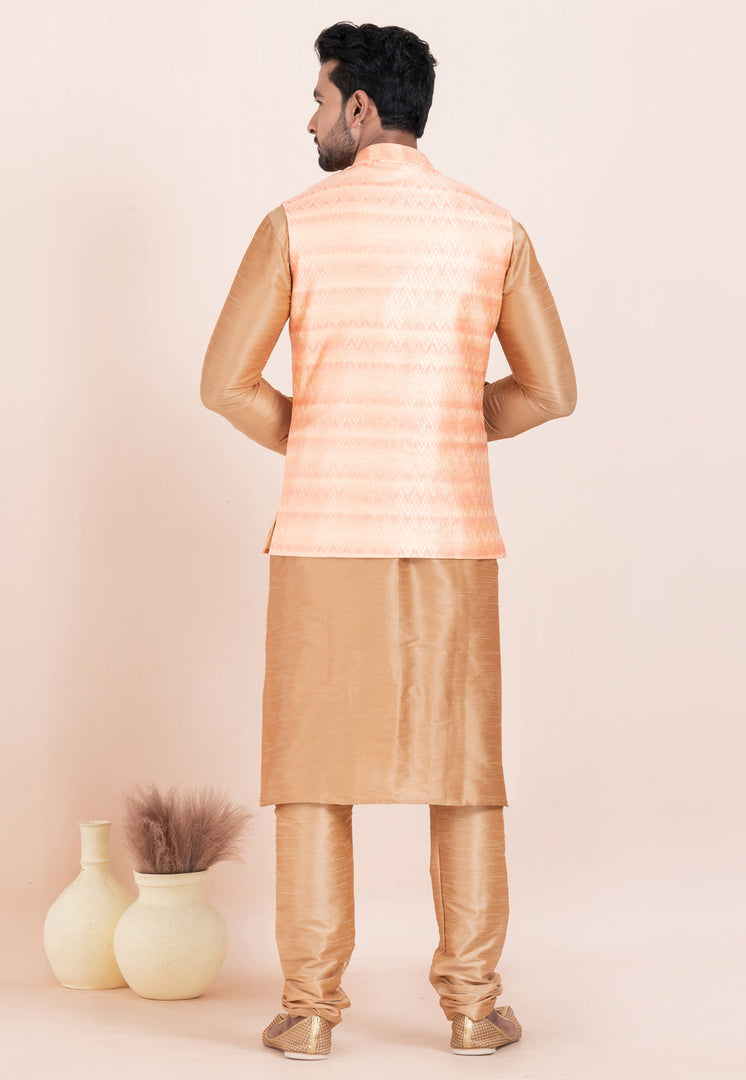 Beige Banarasi Silk Kurta Pajama With Jacket