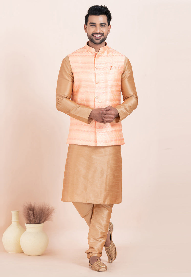 Beige Banarasi Silk Kurta Pajama With Jacket