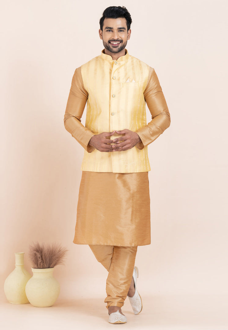 Beige Banarasi Silk Kurta Pajama With Jacket