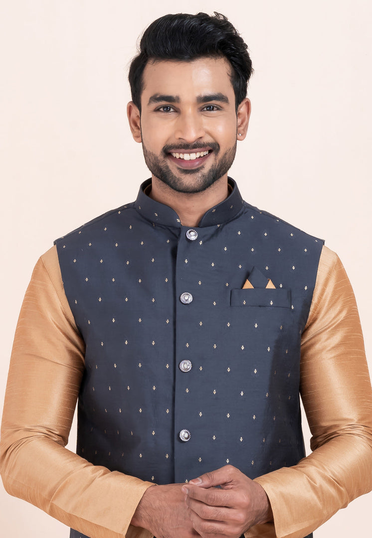 Beige Banarasi Silk Kurta Pajama With Jacket
