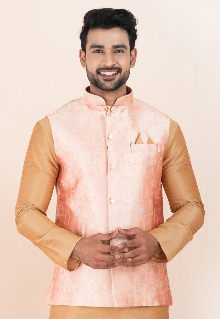 Beige Banarasi Silk Kurta Pajama With Jacket