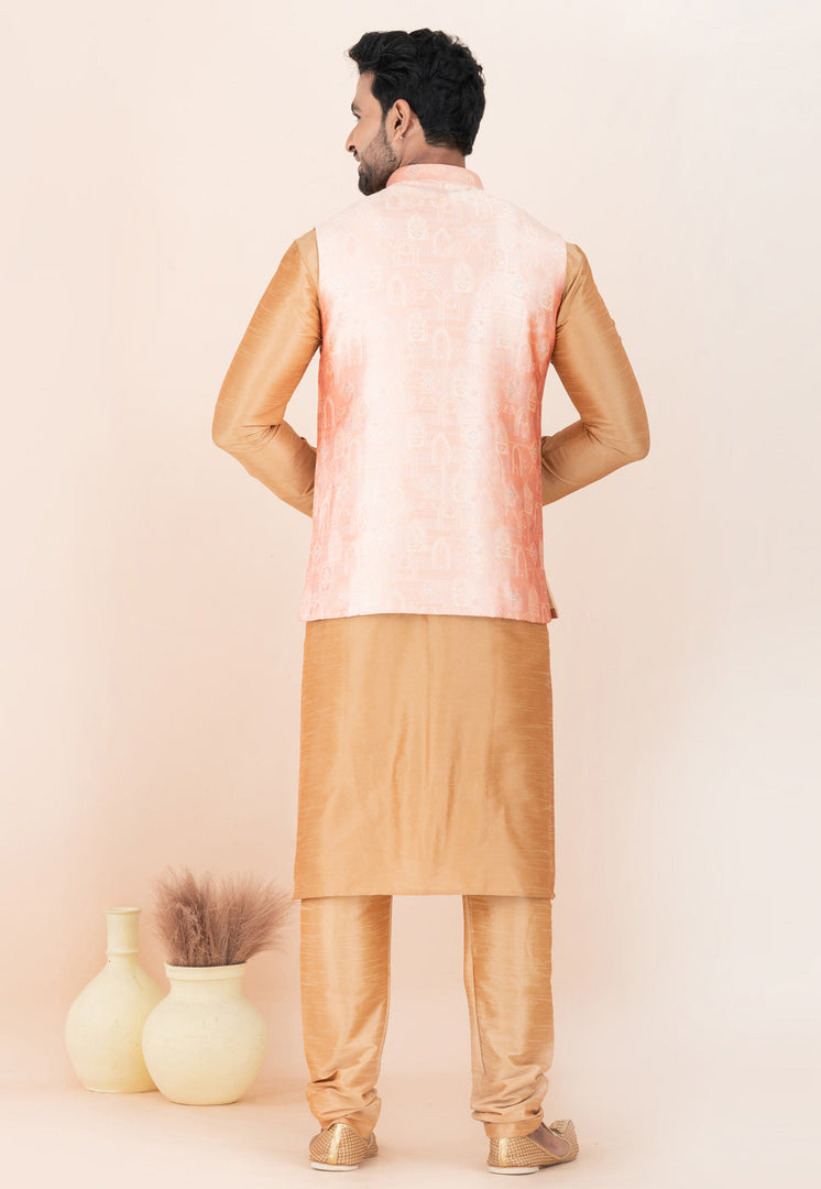 Beige Banarasi Silk Kurta Pajama With Jacket