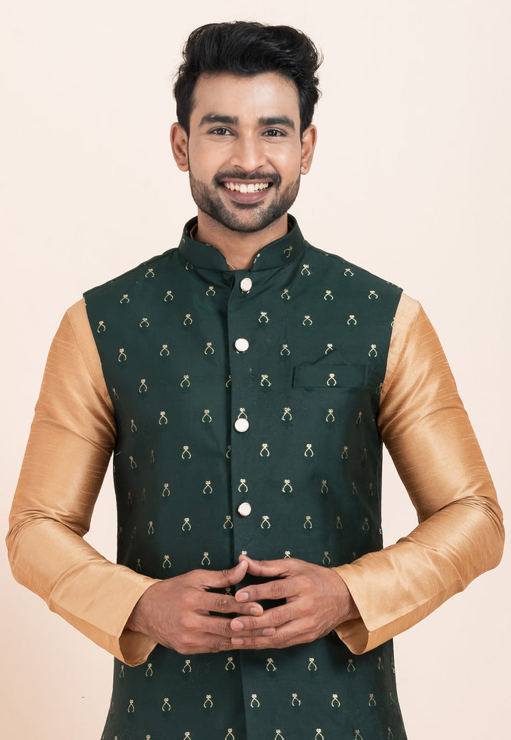 Beige Banarasi Silk Kurta Pajama With Jacket