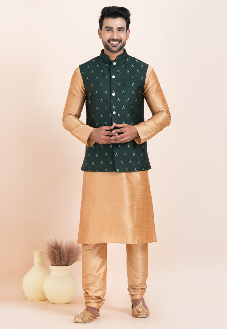 Beige Banarasi Silk Kurta Pajama With Jacket