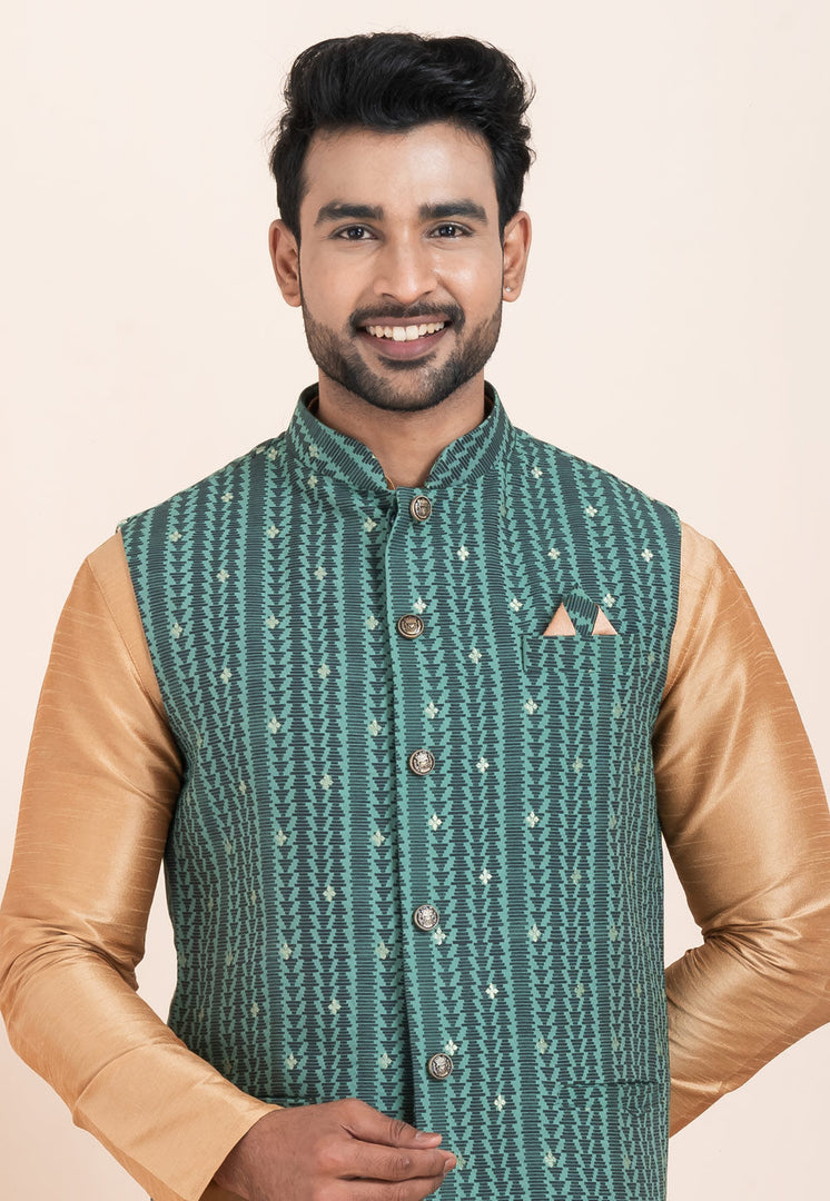Beige Banarasi Silk Kurta Pajama With Jacket