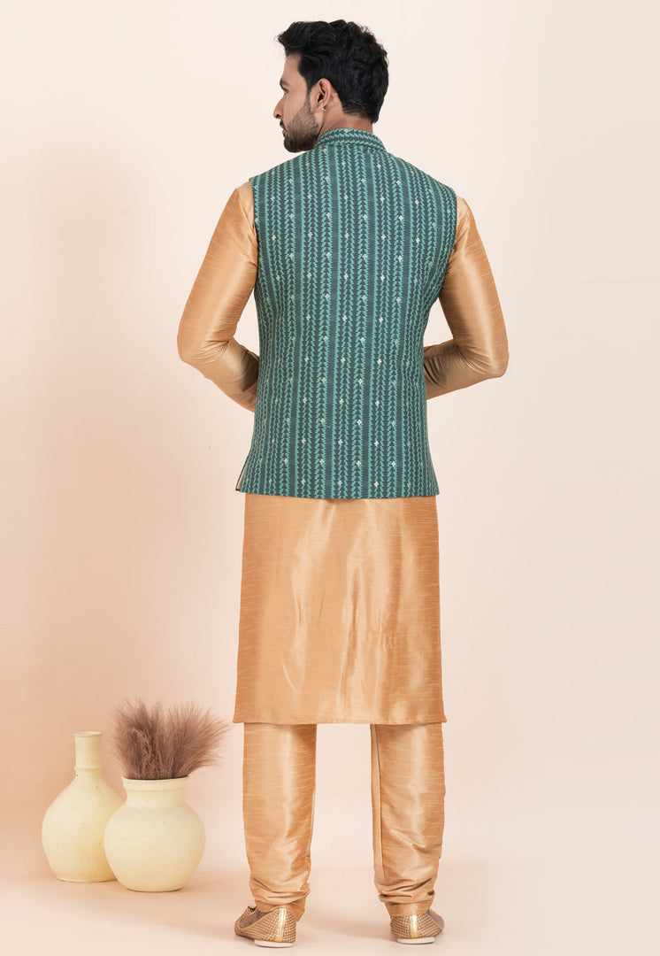 Beige Banarasi Silk Kurta Pajama With Jacket