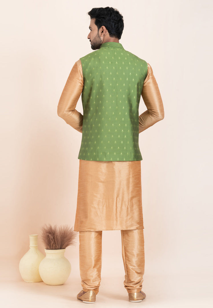 Beige Banarasi Silk Kurta Pajama With Jacket