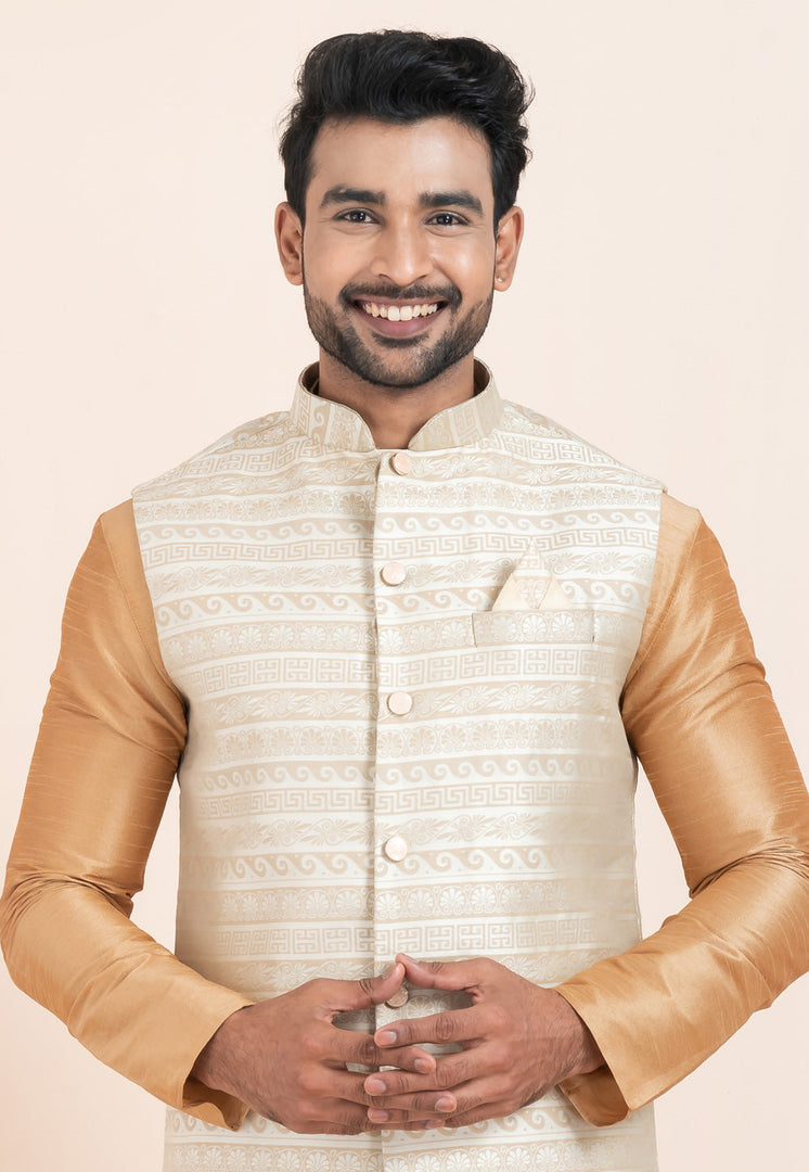 Beige Banarasi Silk Kurta Pajama With Jacket