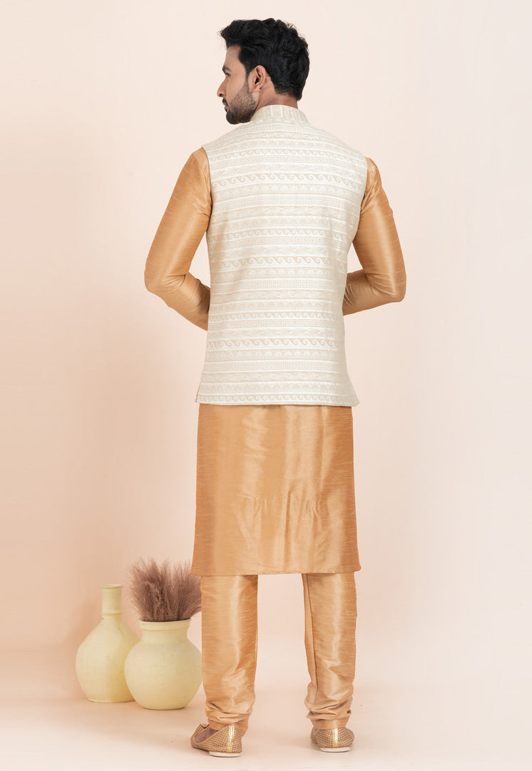 Beige Banarasi Silk Kurta Pajama With Jacket