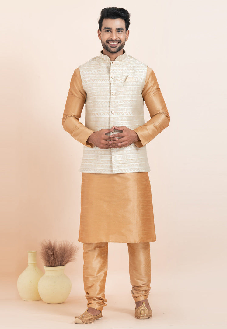 Beige Banarasi Silk Kurta Pajama With Jacket