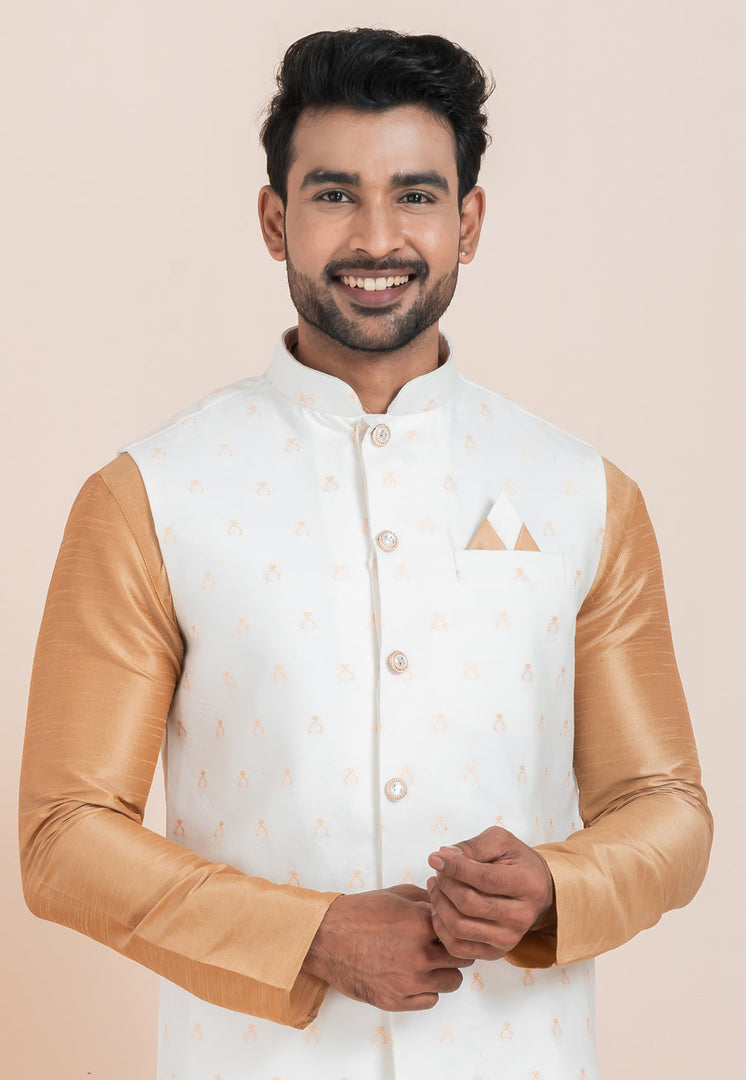 Beige Banarasi Silk Kurta Pajama With Jacket