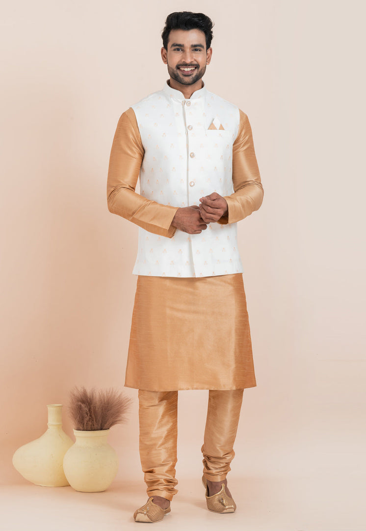 Beige Banarasi Silk Kurta Pajama With Jacket