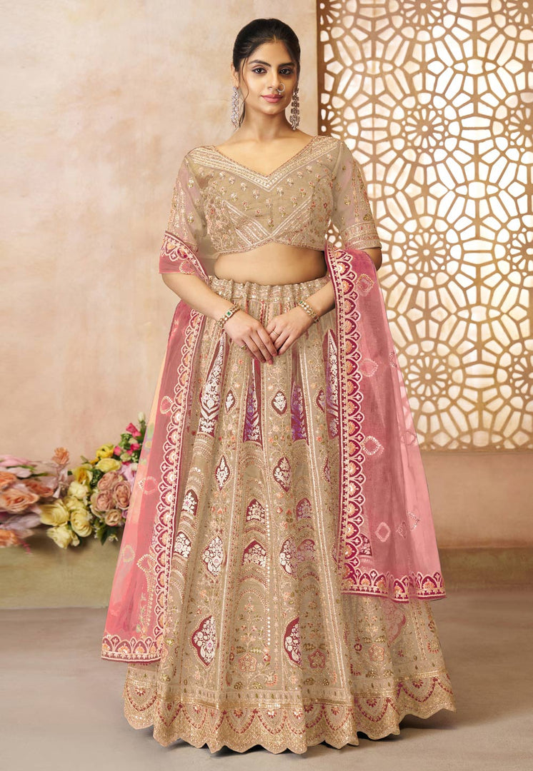 Beige Banarasi Silk Lehenga Choli For Wedding