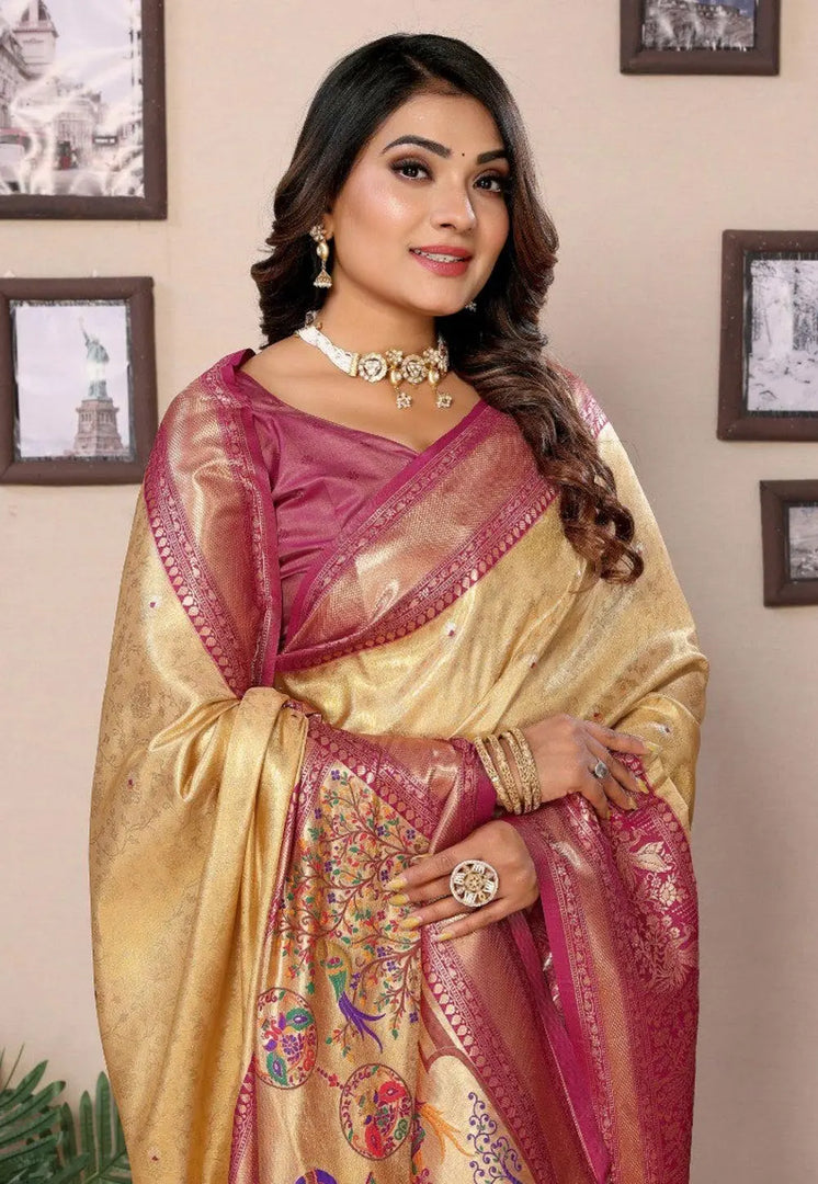 Beige Banarasi Silk Saree With Blouse