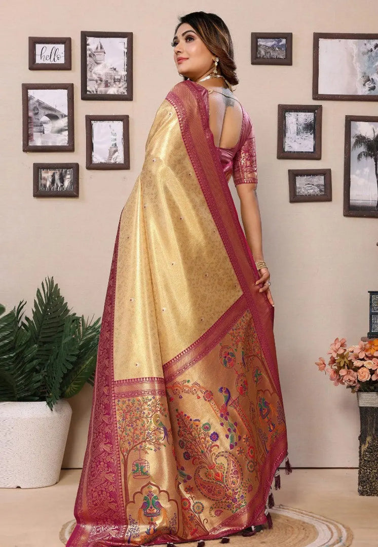 Beige Banarasi Silk Saree With Blouse
