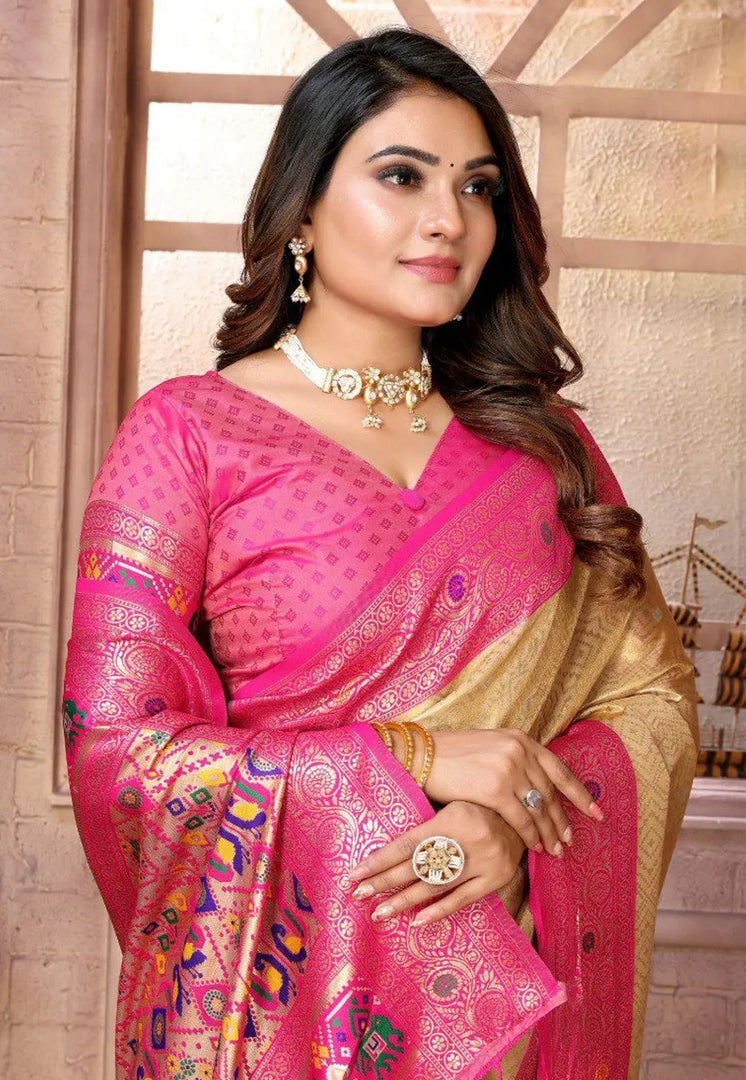 Beige Banarasi Silk Saree With Blouse