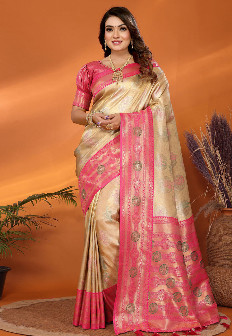 Beige Banarasi Silk Saree With Blouse