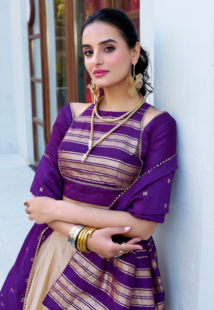 Beige Chanderi Circular Lehenga Choli