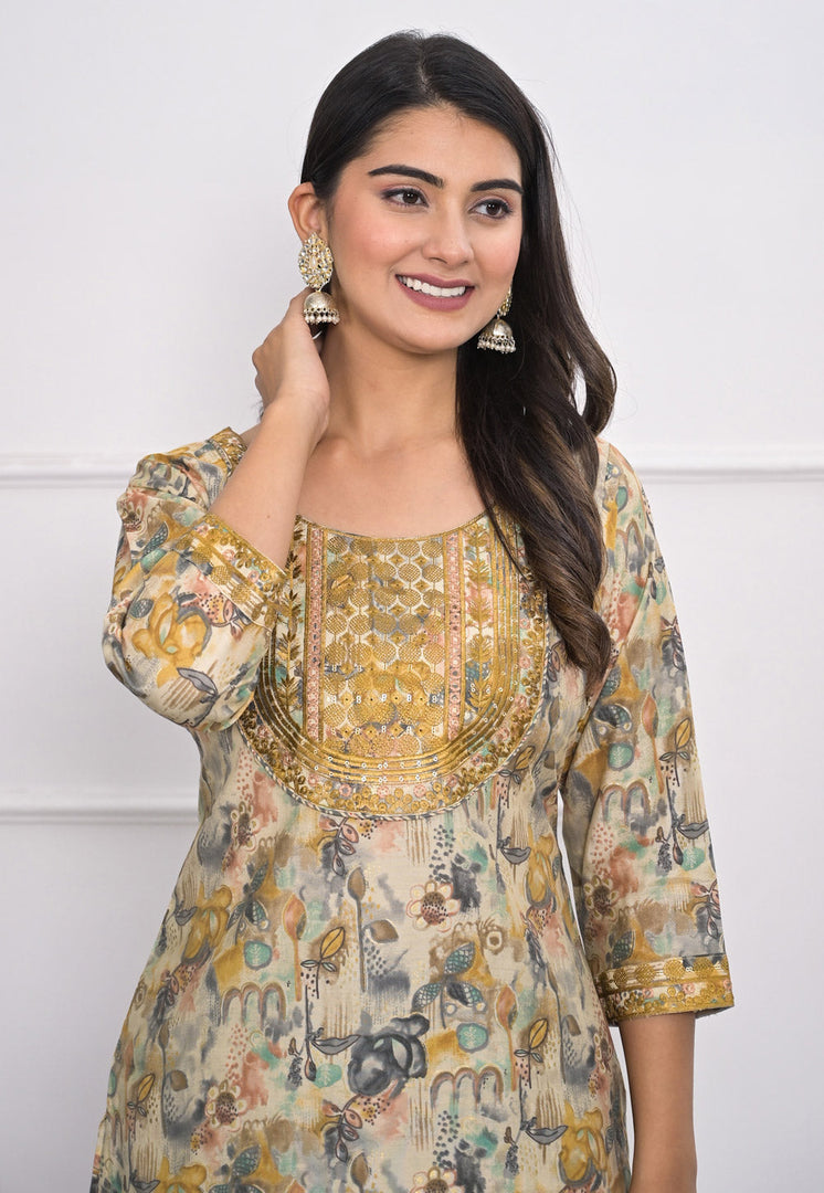 Beige Chanderi Kurta Set With Pant
