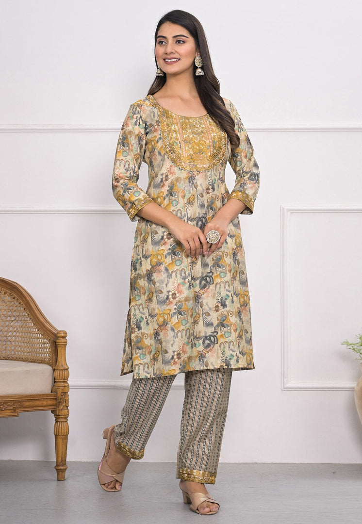 Beige Chanderi Kurta Set With Pant
