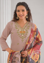 Load image into Gallery viewer, Beige Chanderi Readymade Pant Style Suit
