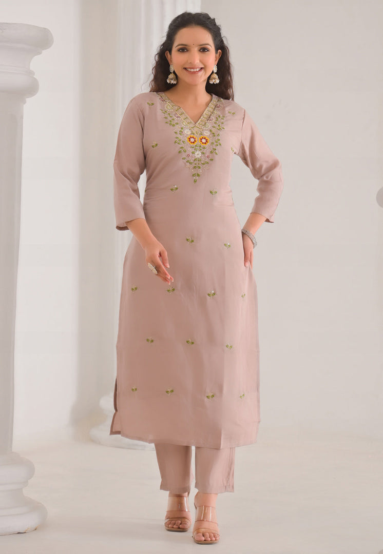Beige Chanderi Readymade Pant Style Suit
