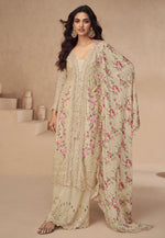 Load image into Gallery viewer, Beige Chinon Silk Embroidered Palazzo Suit
