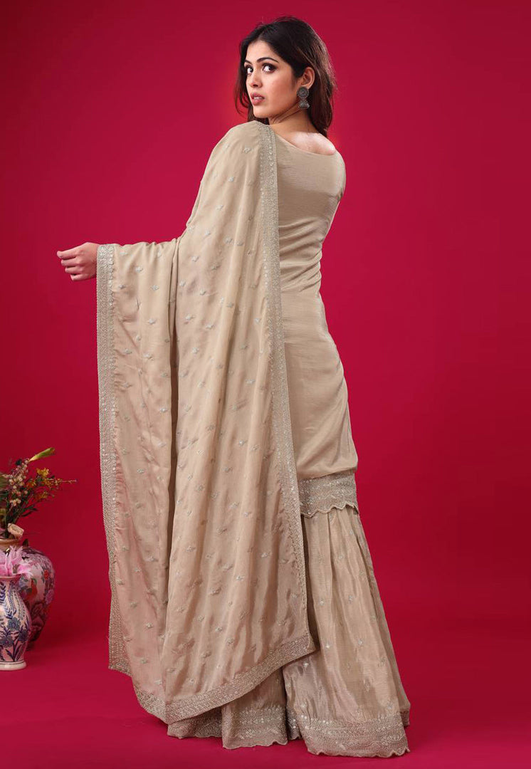 Beige Chinon Silk Readymade Gharara Suit