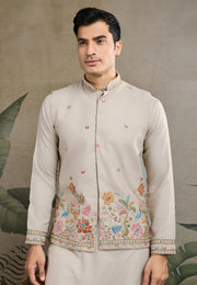 Beige Cotton Kurta Pajama With Jacket