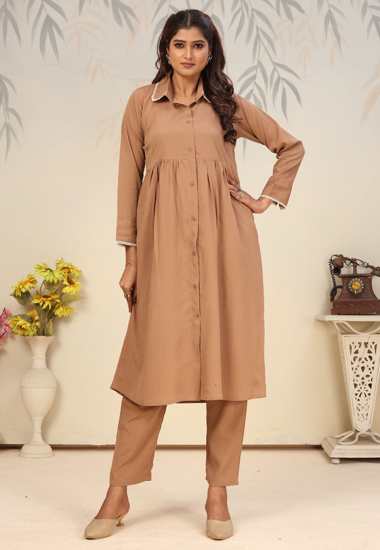 Beige Cotton Kurta Set With Pant