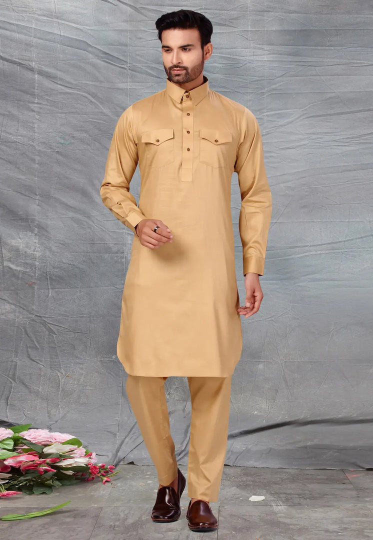 Beige Cotton Pathani Suit