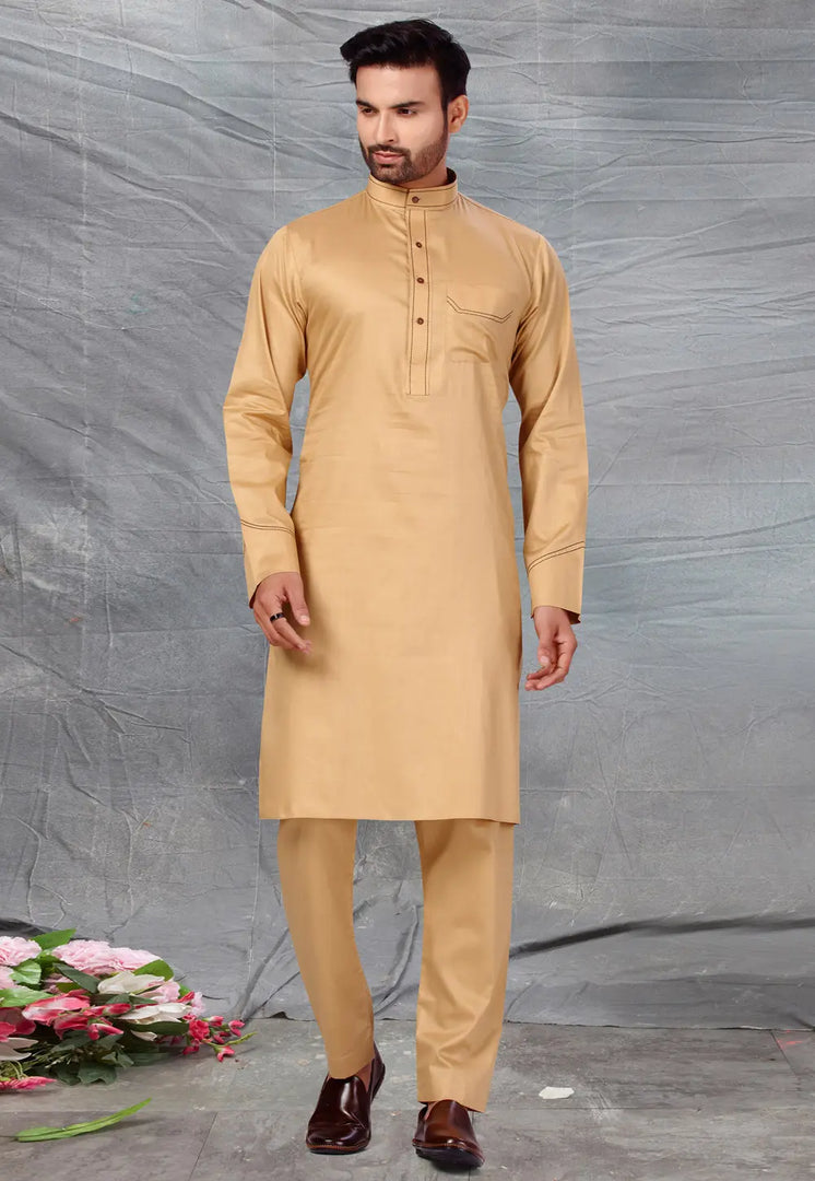 Beige Cotton Pathani Suit