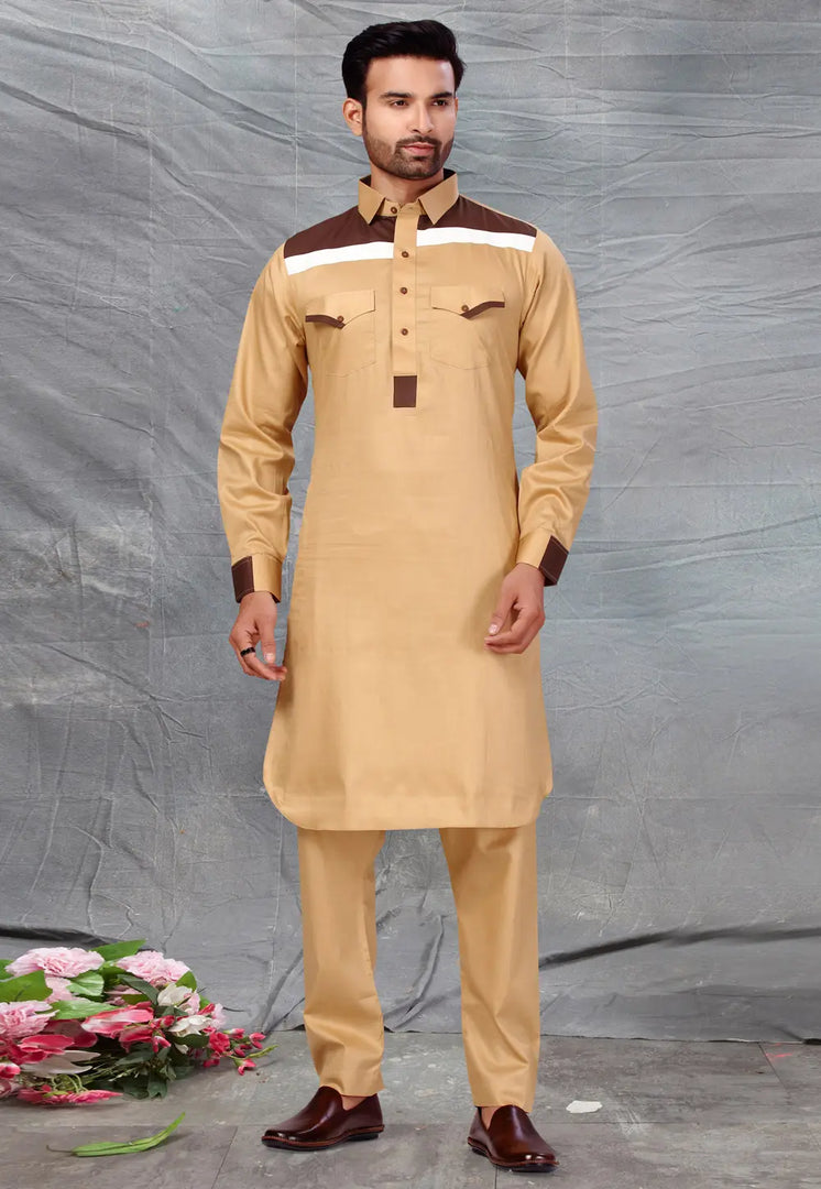 Beige Cotton Pathani Suit