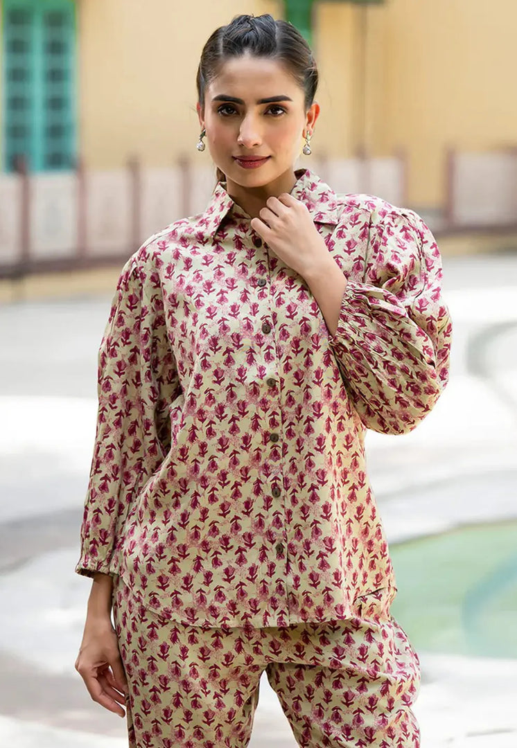 Beige Cotton Printed Co-Ords Set
