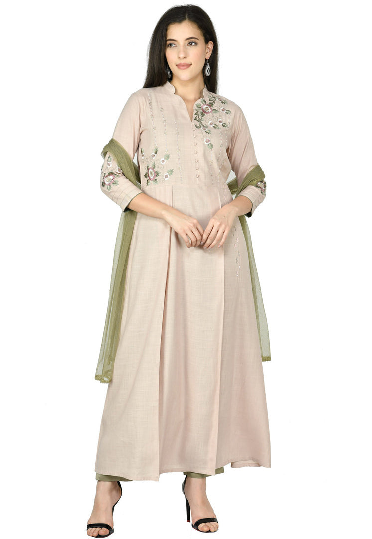 Beige Cotton Rayon Readymade Pant Style Suit