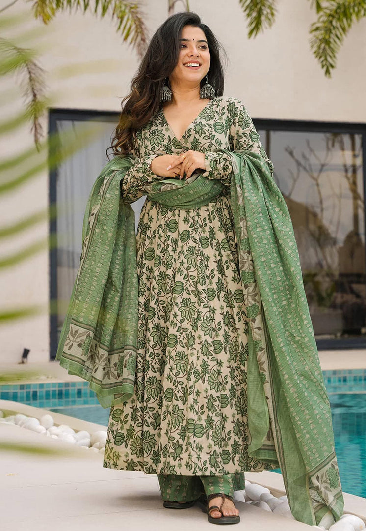Beige Cotton Readymade Palazzo Suit