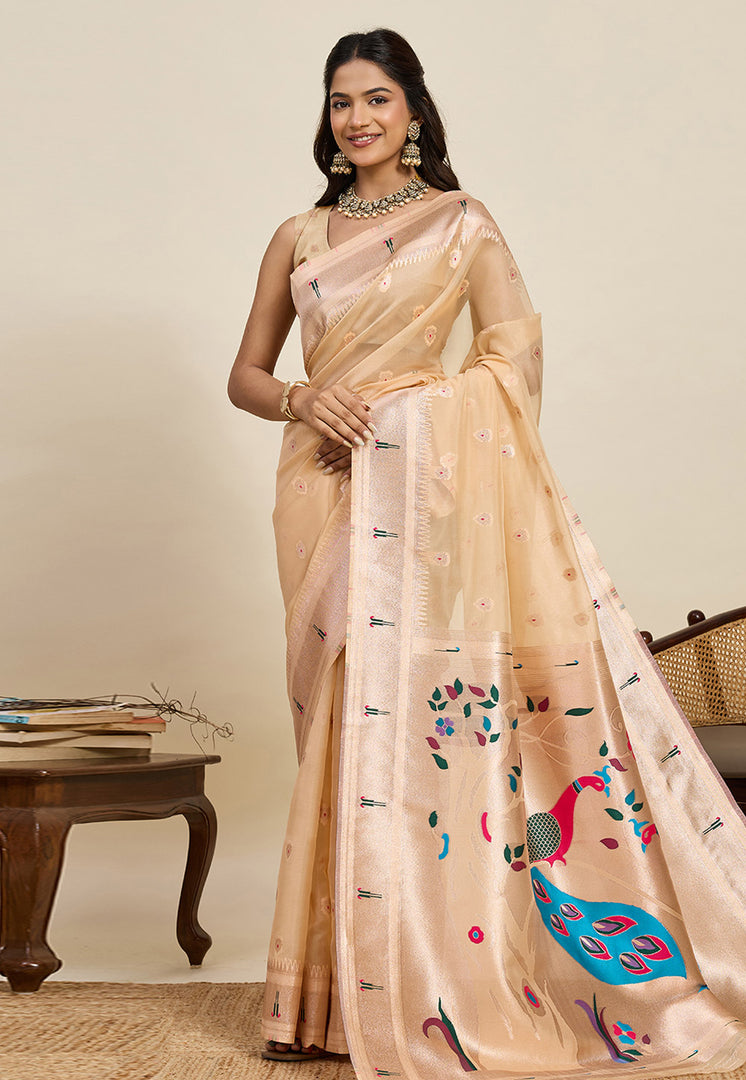 Beige Cotton Silk Paithani Saree