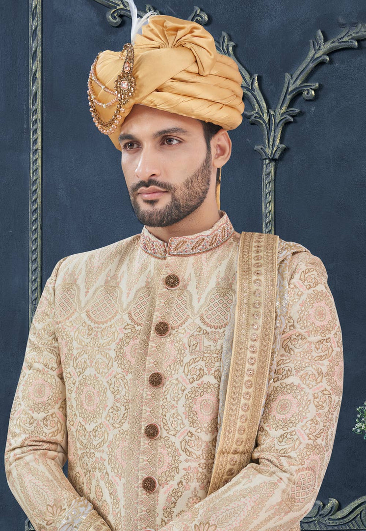Beige Jacquard Achkan Style Sherwani