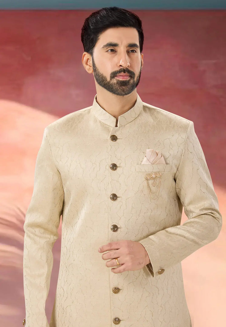Beige Jacquard Indo Western Sherwani