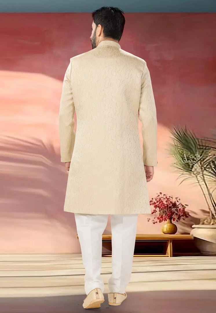 Beige Jacquard Indo Western Sherwani