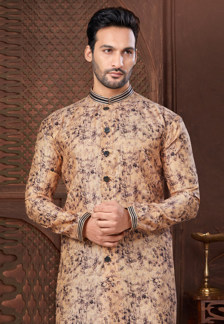 Beige Jacquard Indo Western Suit