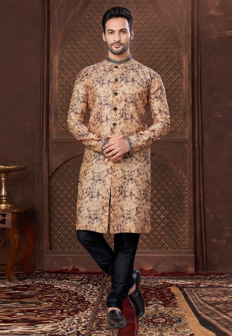 Beige Jacquard Indo Western Suit