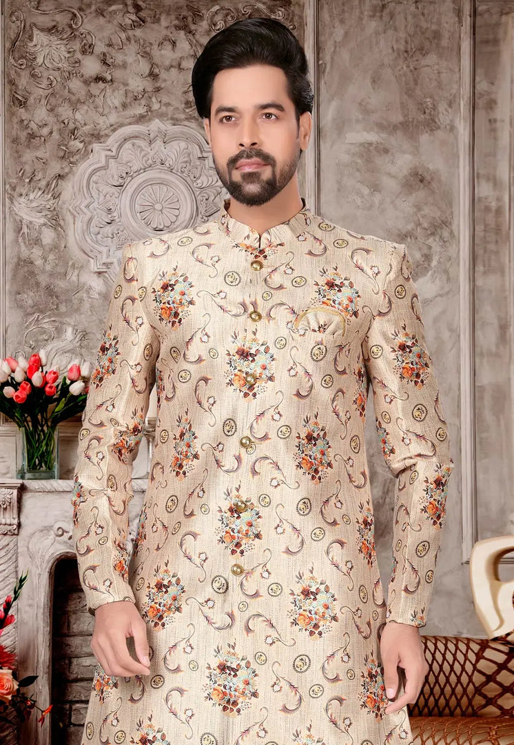 Beige Jacquard Indo Western Suit