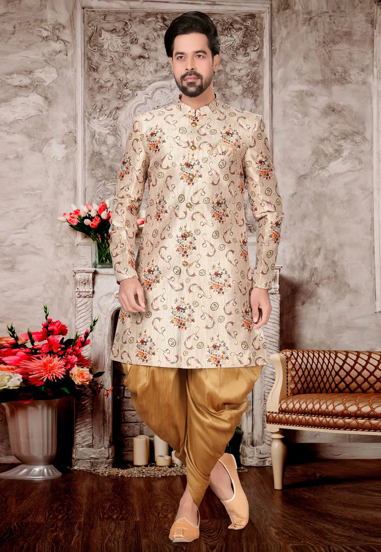 Beige Jacquard Indo Western Suit
