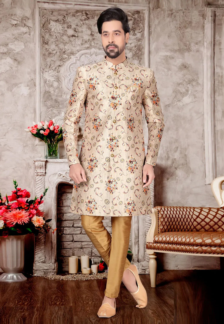 Beige Jacquard Indo Western Suit