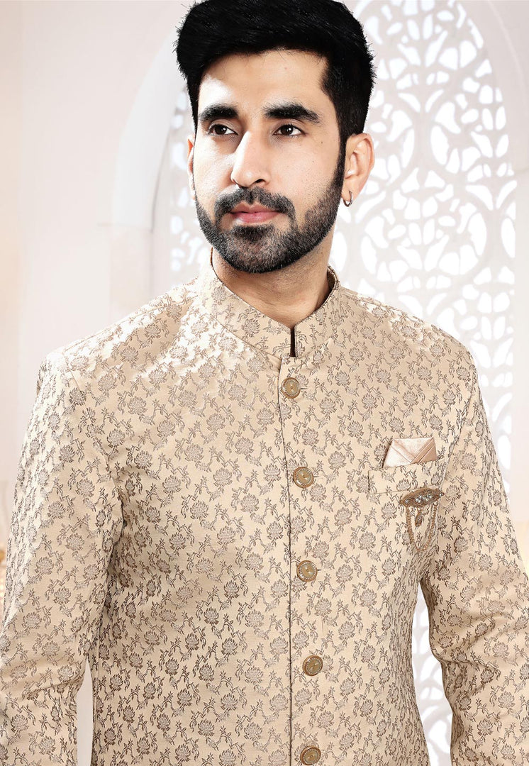 Beige Jacquard Indo Western Suit