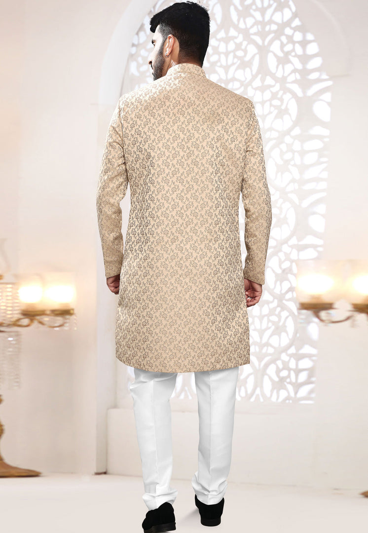 Beige Jacquard Indo Western Suit