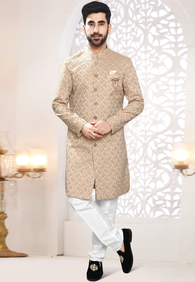 Beige Jacquard Indo Western Suit